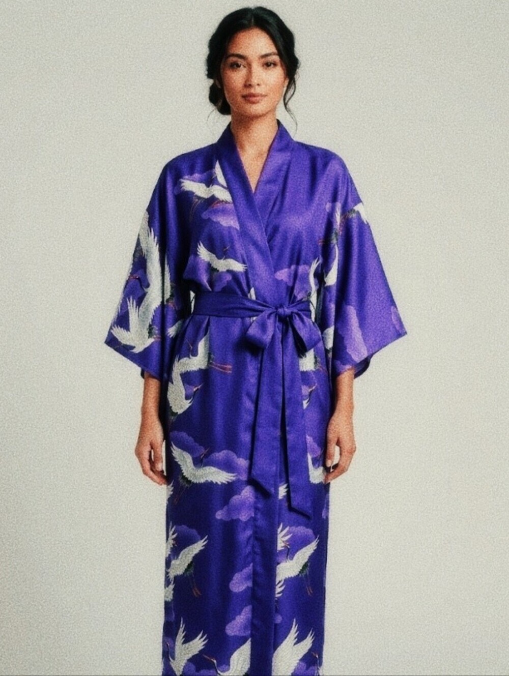 Vintage Marukyo kimono Purple Satin Crane Print Robe
